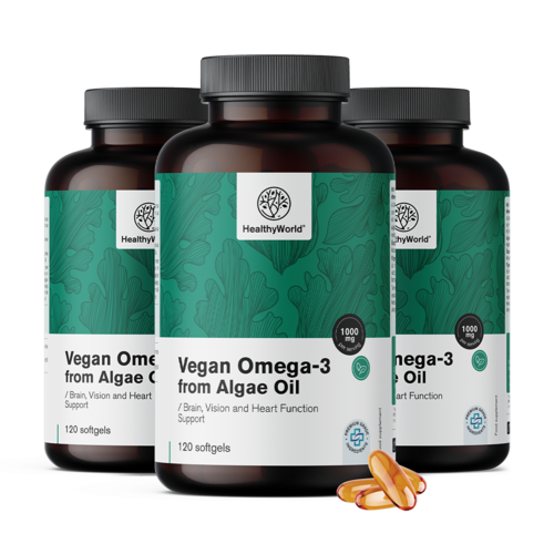 3x Vegan ωμέγα 3 1000 mg - από άλγη, συνολικά 360 μαλακές κάψουλες
